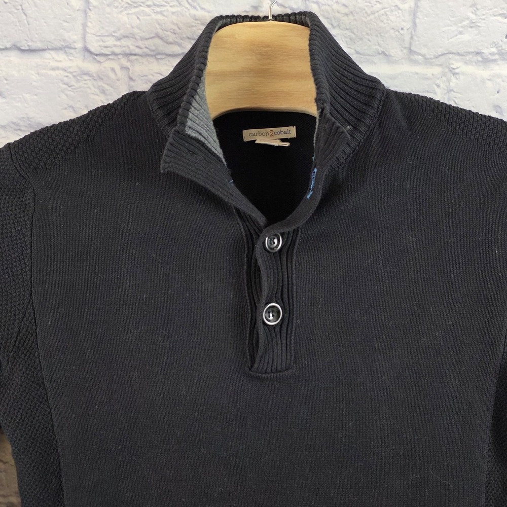 Carbon 2 Cobalt Men Pullover Cotton Henley Sweater Black Knit Cotton Size Medium